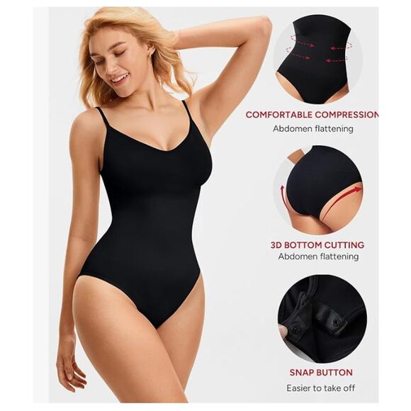 Body Suit Tummy Control Seamless Shapewear V Neck Body Shaper BLACK SIZE 2XL - Picture 3 of 7